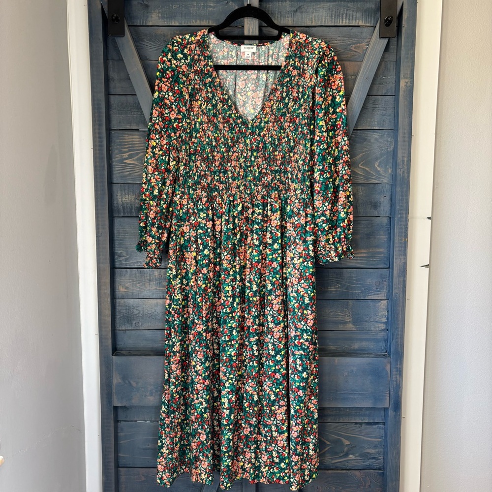 J. Crew Green Floral V-Neck Midi Dress